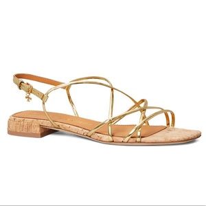 Tory Burch Penelope Flat Metallic Gold Slingback Sandals Size 7 Box & Dust Bag